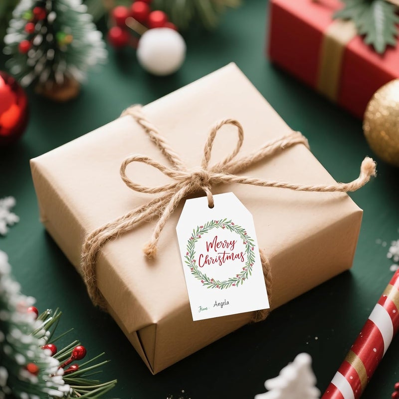 Alynta Merry Christmas Gift Tags - Holiday Wreath Gift Tags with String Xmas Tag 50Pcs Christmas Tag for Christmas Presents Gift Wrapping Xmas Decorations - Image 4